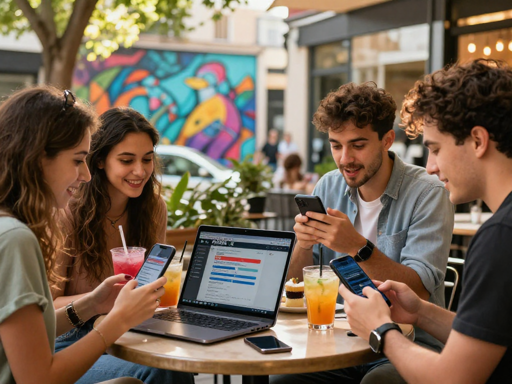Amici che esplorano siti non AAMS mentre gustano drink in un caffè urbano.