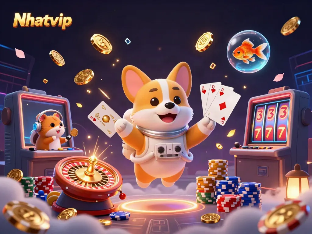 Nhatvip casino adventure featuring a 3D cartoon astronaut corgi, a mission hamster, and a goldfish in a floating water sphere.