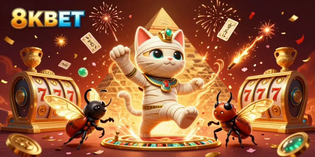 Experience thrilling games at 8KBET with a dynamic 3D illustration of a mummy cat in a vibrant casino scene.