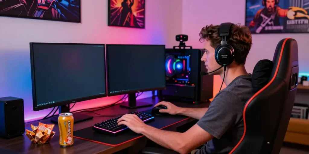 Engaging gaming scene at https://manclub1.jp.net/ featuring a focused male gamer in a vibrant setup.