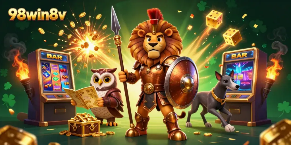 Experience thrilling jackpots at 98win8v with an energetic casino scene illustration.