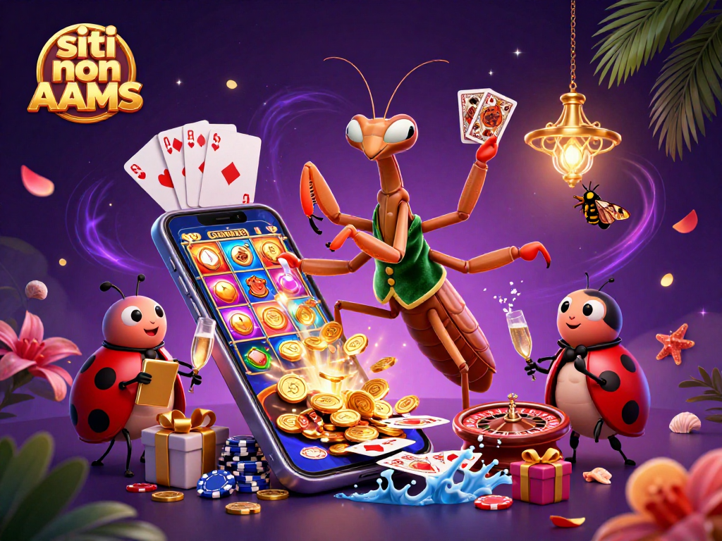 I giochi nei siti non AAMS offrono emozioni con slot e carte mentre il mantide gigante distribuisce le carte.