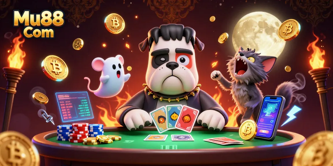 Engage in thrilling gameplay with Mu88 Com featuring a quirky casino scene of a Frankenstein bulldog dealing cards.