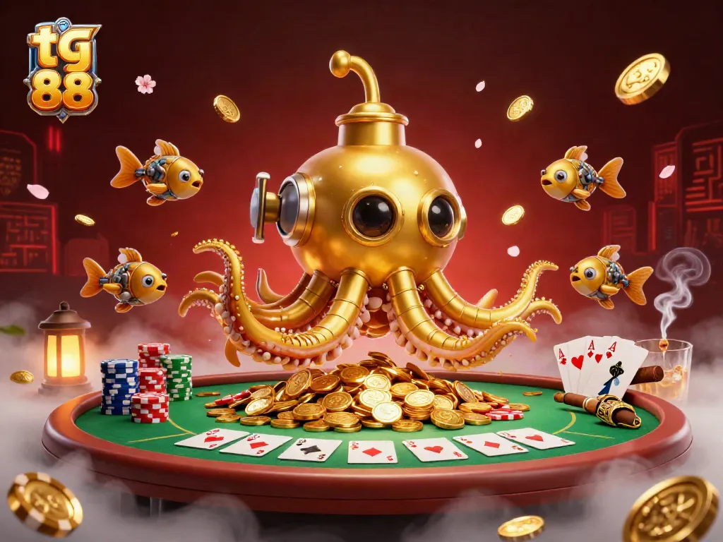Experience the excitement of tg 88 with a vibrant 3D illustration featuring a golden kraken submarine amidst a sea of poker chips.