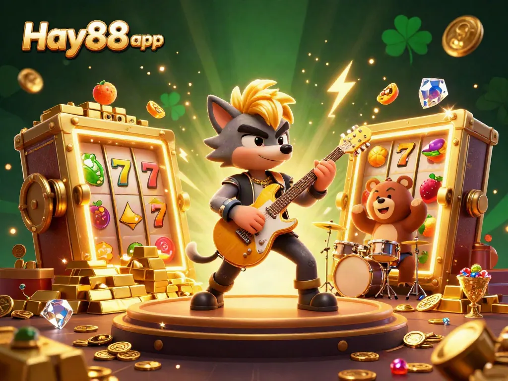 Experience the excitement of the Hay88 app with a vibrant 3D casino illustration featuring a rock star wolf and treasures.