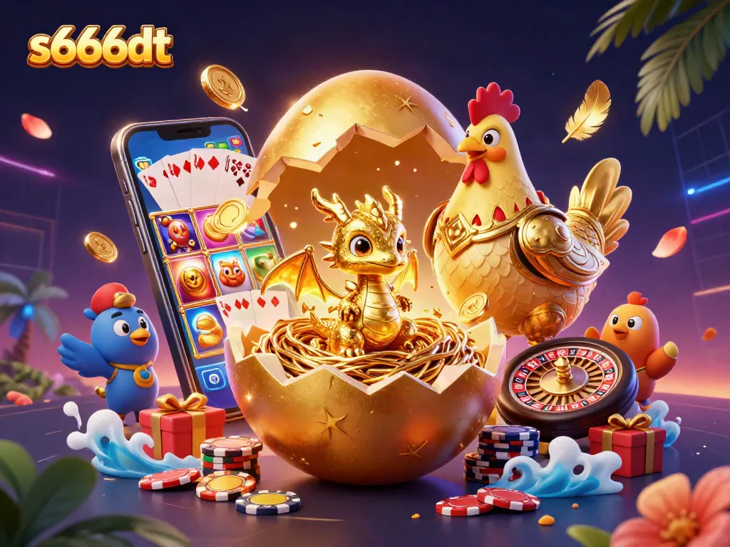 Experience the thrill of the s666dt casino with a golden dragon guarding a treasure of poker chips and vibrant game elements.