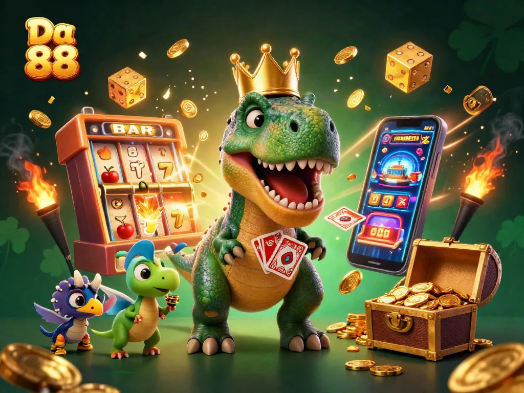 Enjoy thrilling gameplay at Da 88 with a vibrant casino scene featuring engaging characters and gold elements.