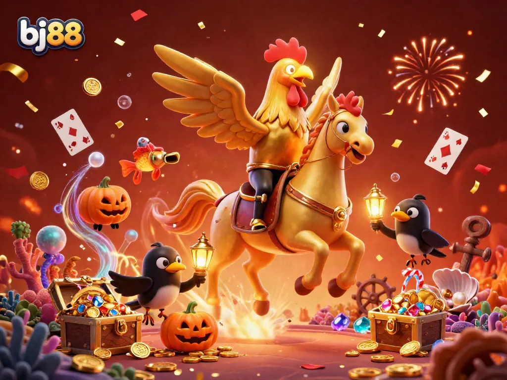 Experience the magical allure of bj88 with a golden rooster and mythical companions in a vibrant casino adventure.