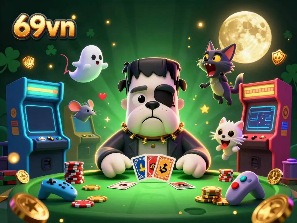 Engage with thrilling casino games at 69vn with vibrant illustrations of monster dealers and exciting gaming elements.