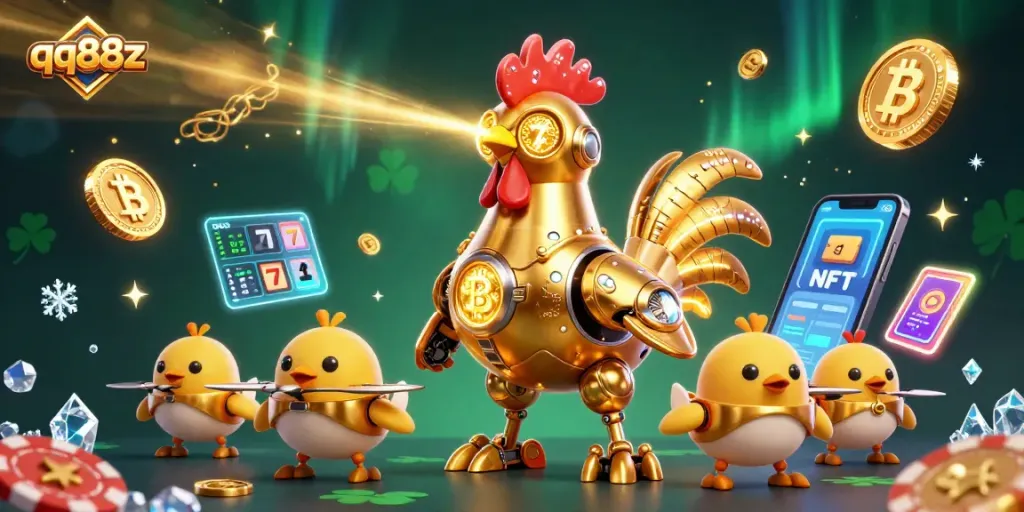 Experience thrilling gaming with qq88z's dynamic 3D casino scene featuring vibrant poker chips and golden slots.
