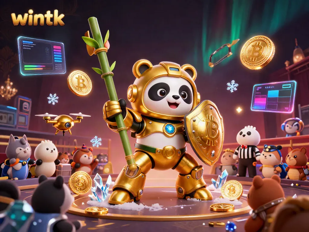 Experience thrilling action at wintk casino with a golden panda fighting robot in a vibrant arena.