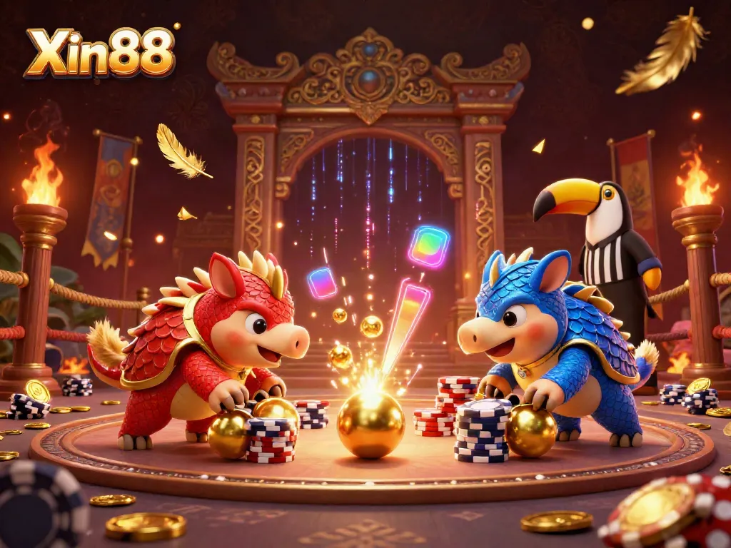 Join the excitement at Xin88 as rival pangolins roll through poker chips in a vibrant casino scene.