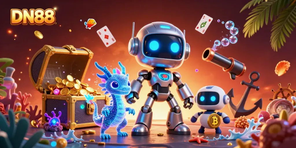 Experience the vibrant world of DN88 with a futuristic robot mascot and AI dragon in a casino-themed ocean underworld.