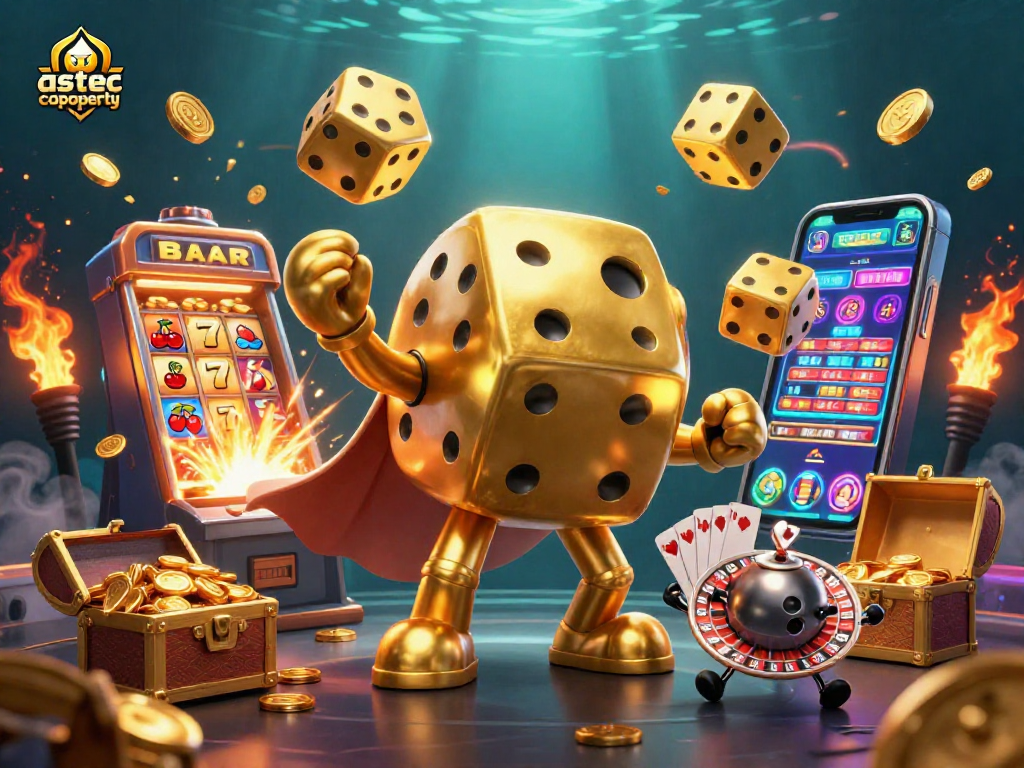 Immerse yourself in astecoproperty magic with a dynamic scene featuring a golden dice golem juggling for big wins.