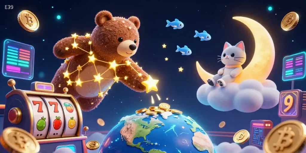 Experience thrilling E39 casino vibes with a constellation bear and lucky symbols in a magical scene.