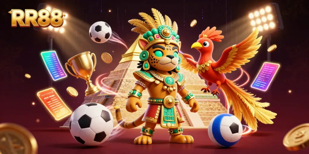 Experience the vibrant energy of RR88 with a Mayan jaguar priest and golden trophies amidst a dynamic gambling scene.