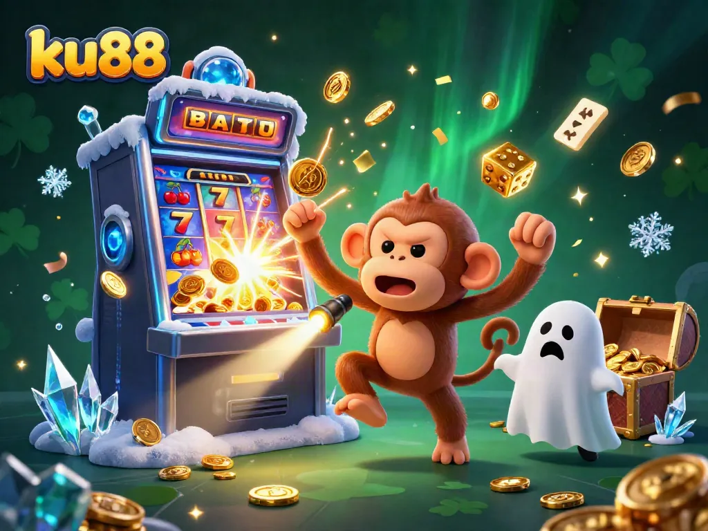 ku88 jackpot scene with a mischievous monkey juggling coins and a curious puppy tracking it in a vibrant casino.