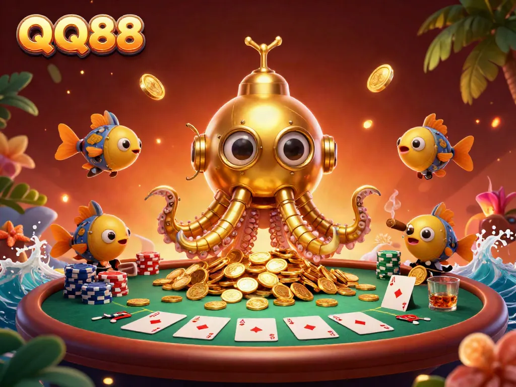 Experience thrilling gameplay at QQ88 with a golden kraken submarine and poker excitement.
