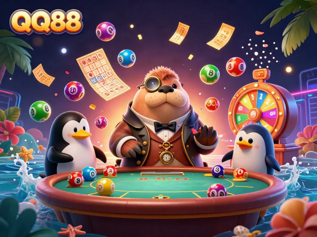 Experience the vibrant world of QQ88 casino with a jolly walrus at poker, colorful lottery balls, and more.