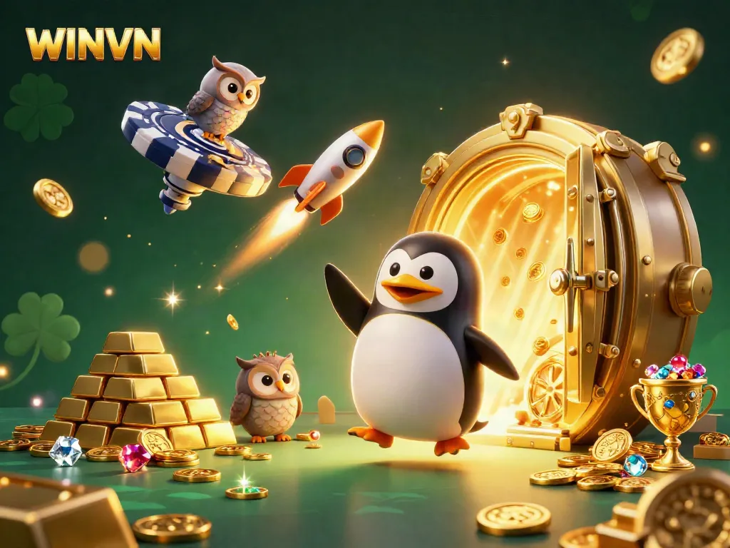 WINVN's captivating golden penguin racing toward a casino space station filled with treasures.